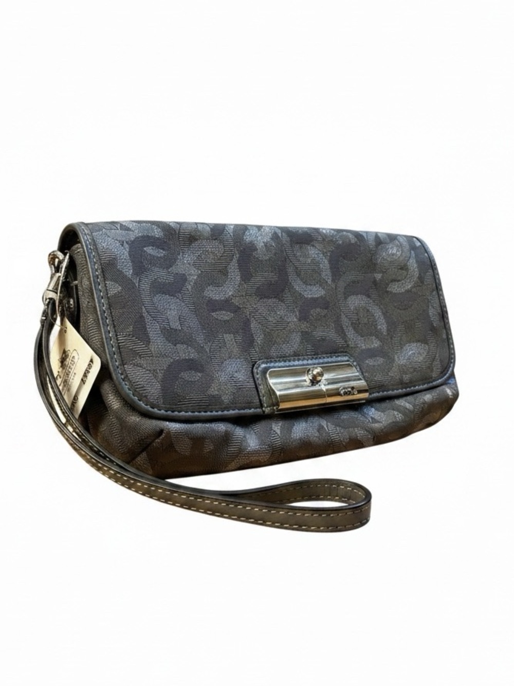 Coach Kristen gunmetal grey and silver chainlink wristlet clutch NWT